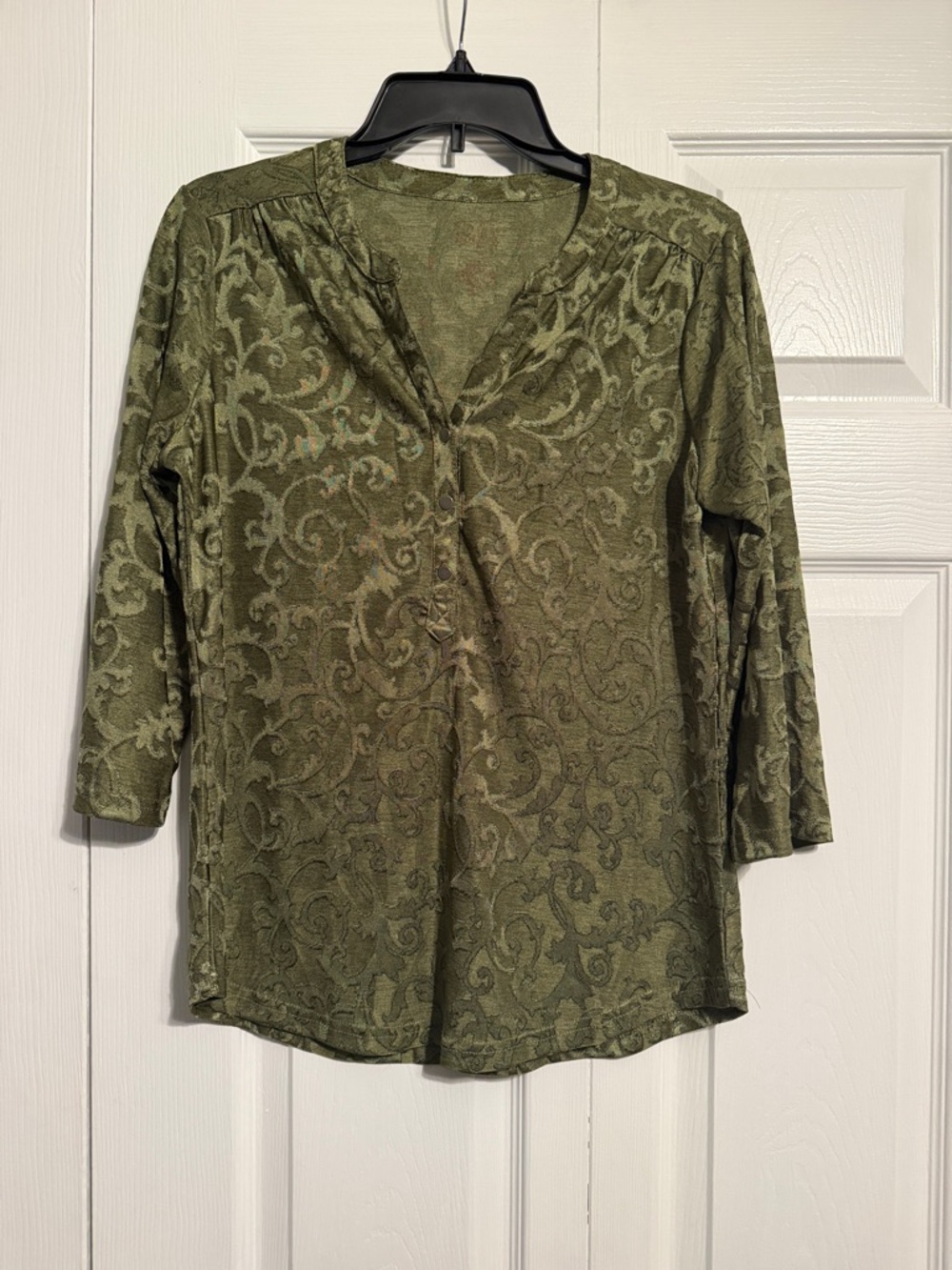 croft & barrow Olive Green Scroll-Print V-Neck Blouse